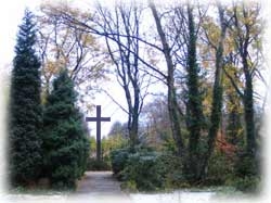 Herbstallee mit Friedhofskreuz am Ende